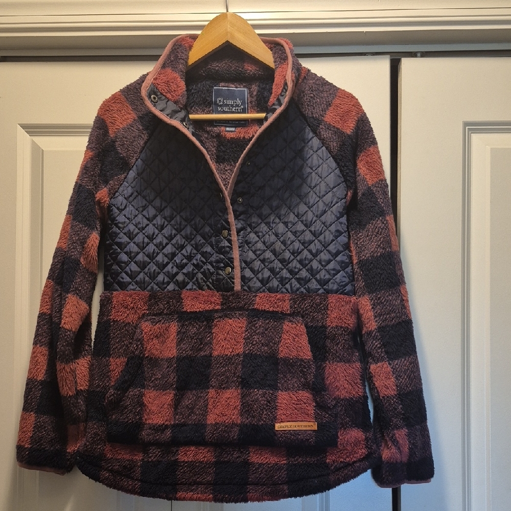Simply Southern Pink and Black Checkered Puffer/Teddy Jacket